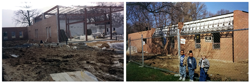 Two color photographs showing Mount Vernon Woods Elementary School's first renovation and addition. The photograph on the left shows steel framing and cinderblock work in place on the new classroom wing. The photograph on the right shows three children standing in front of the new addition. Construction is nearing completion. 