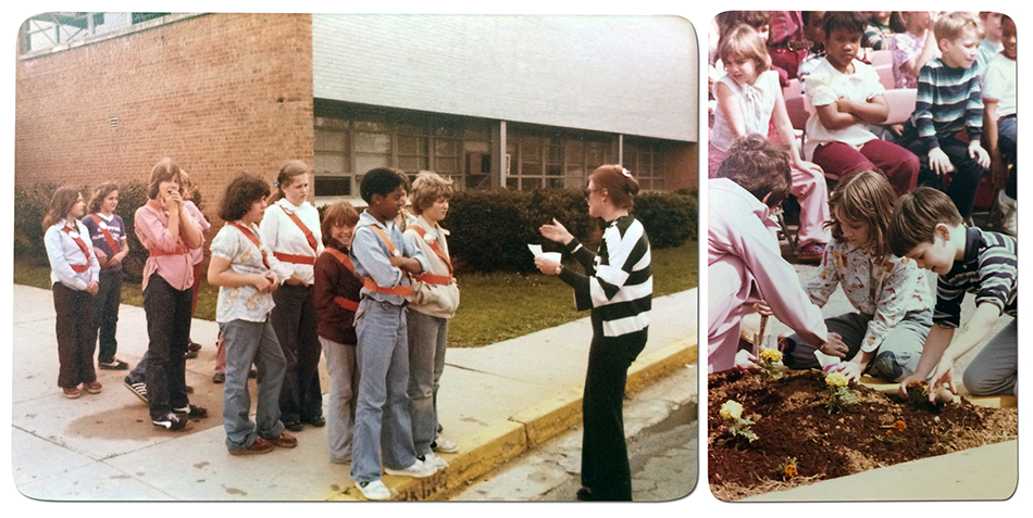 Two color photographs from Mount Vernon Woods' 1979 Arbor Day observance. The photograph on the left shows safety patrol students standing in line on the sidewalk in the front of the school awaiting directions from a teacher. The photograph on the right shows two students planting flowers in a garden bed.
